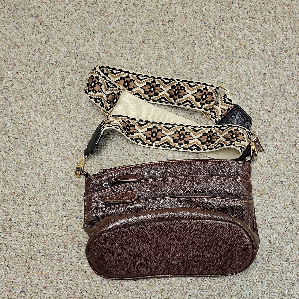 Heshe Brown Crossbody Brown Leather Bag with Patterned Removable  Strap